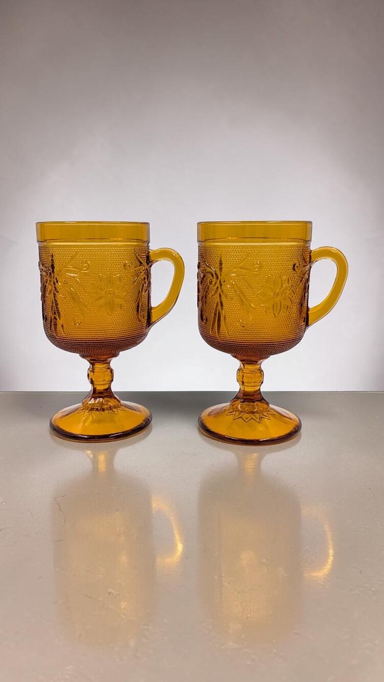 Tiara Sandwich Amber Tall Footed Mugs Set of 2 Vintage Pressed Glass Cups
